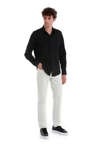 Qora Comfort Fit tekis 100% paxta Slim yoqali uzun qisma sport ko'ylak-Qora01 - 1