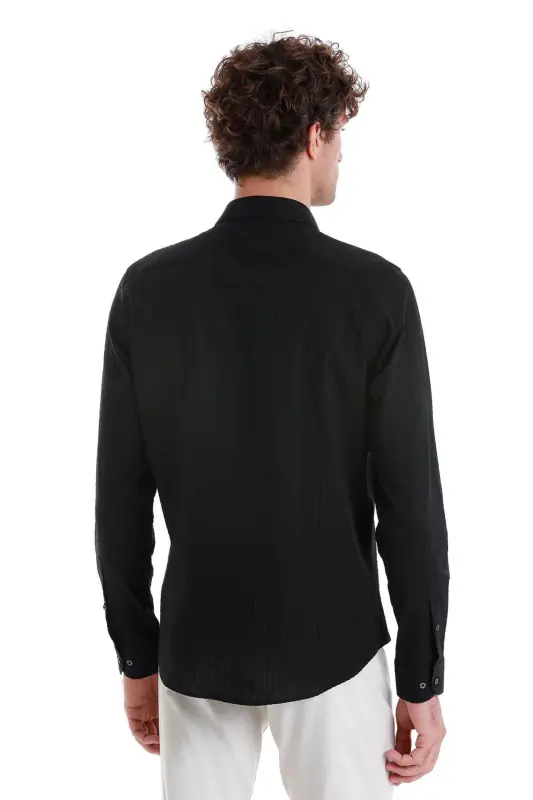 Qora Comfort Fit tekis 100% paxta Slim yoqali uzun qisma sport ko'ylak-Qora01 - 5