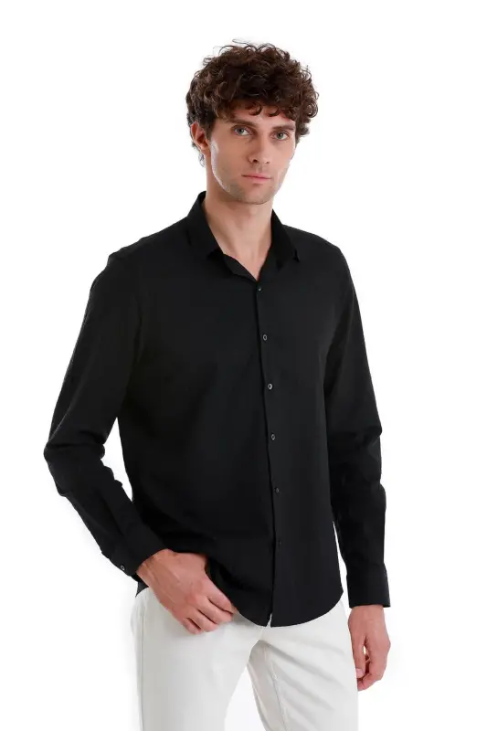 Qora Comfort Fit tekis 100% paxta Slim yoqali uzun qisma sport ko'ylak-Qora01 - 6