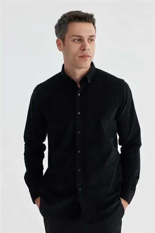 Qora Comfort Fit tugmachali yoqali 100% paxta kadife ko'ylak - 2