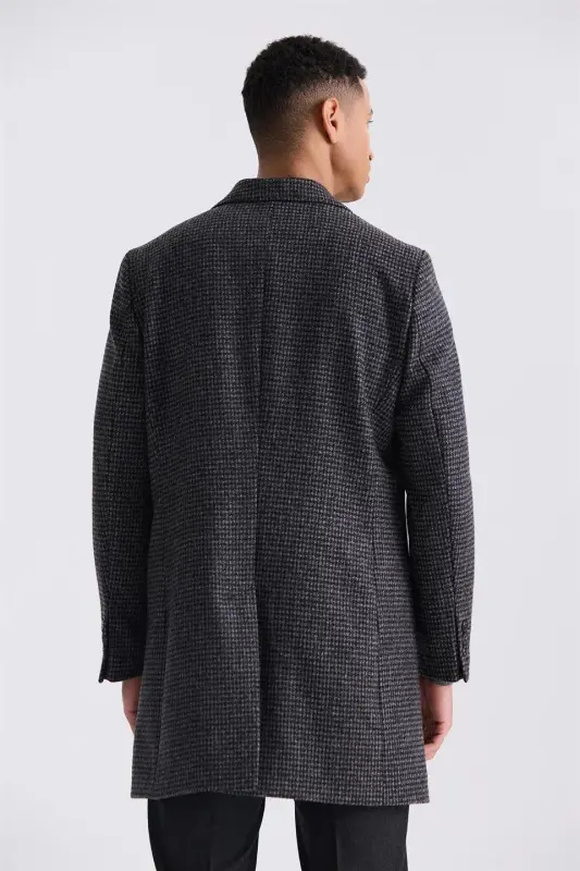 Qora Comfort Fit Uchi o'tkir qalpog'li to'rtburchak naqshli jun palto - 4