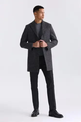 Qora Comfort Fit Uchi o'tkir qalpog'li to'rtburchak naqshli jun palto 