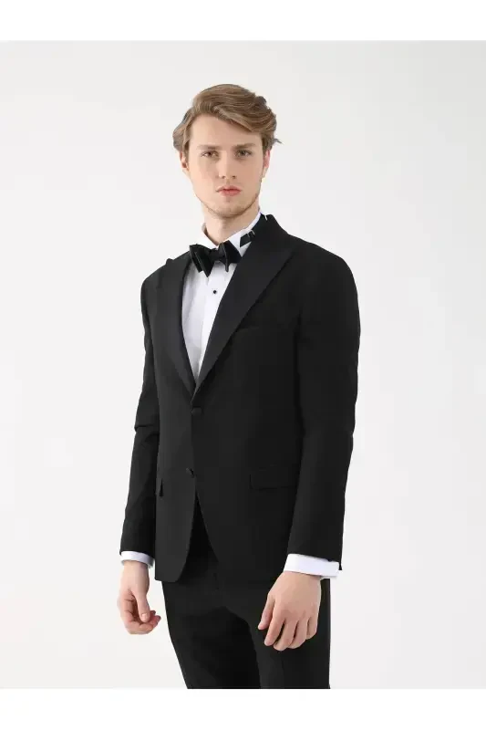 Qora Erkak Slim Fit Tekis Uchi Yoqali Smoking Kostyum - 92409-Qora - 4