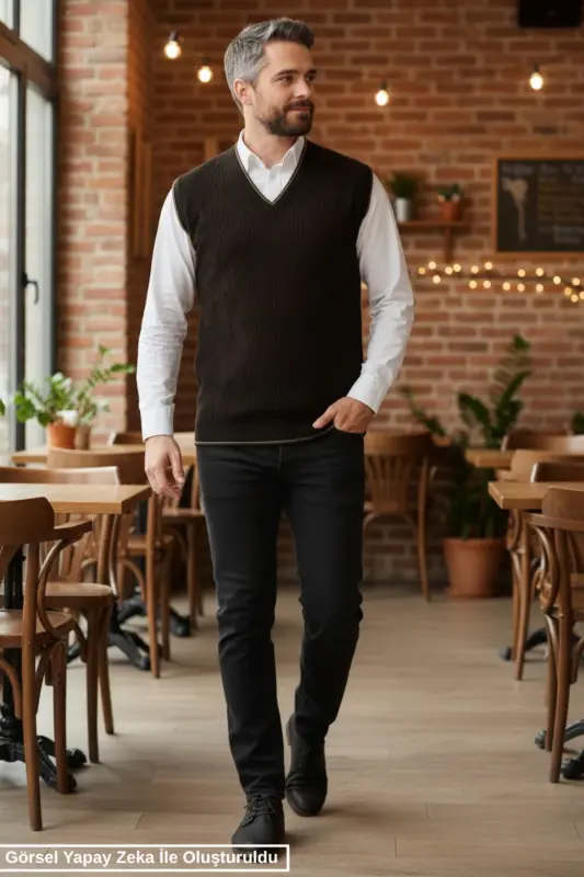 Qora Erkak V Bo'yin Triko O'rgilmaydigan Sviter Regular Fit Soch O'rgilmalari Naqshli-Qora - 5