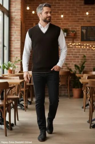 Qora Erkak V Bo'yin Triko O'rgilmaydigan Sviter Regular Fit Soch O'rgilmalari Naqshli-Qora - 8