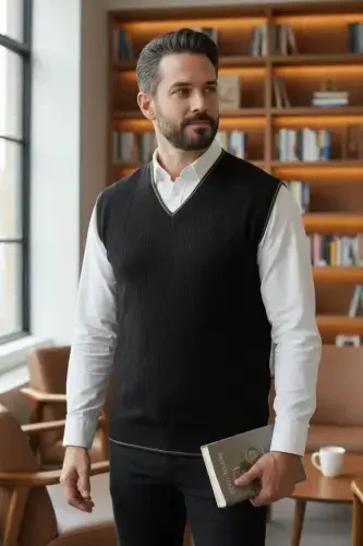 Qora Erkak V Bo'yin Triko O'rgilmaydigan Sviter Regular Fit Soch O'rgilmalari Naqshli-Qora - 1