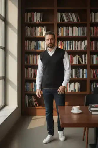 Qora Erkak V Bo'yin Triko O'rgilmaydigan Sviter Regular Fit Soch O'rgilmalari Naqshli-Qora - 3