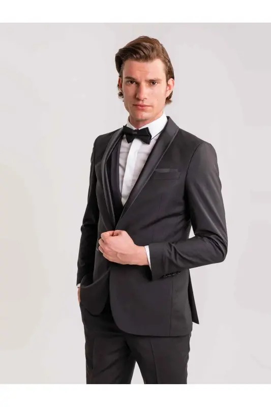 Qora Erkak Zamonaviy Fit Chiziqli Shol Yoqali Smoking Kostyum - 61335-QORA - DUFY