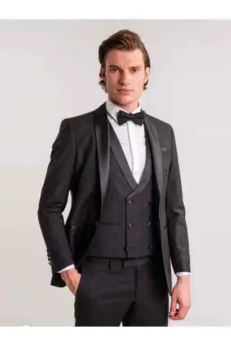 Qora Erkak Zamonaviy Fit Chiziqli Shol Yoqali Smoking Kostyum - 61335-QORA - 4