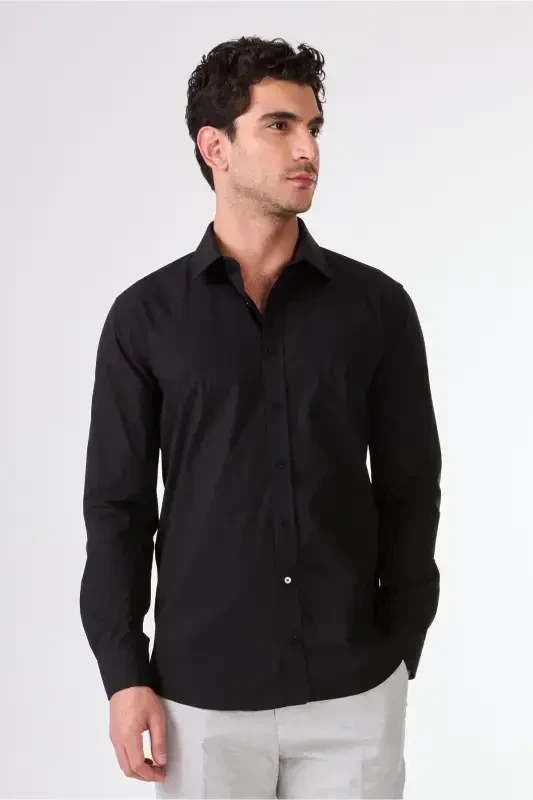 Qora Erkaklar Slim Fit Oddiy Klassik Yoqali Uzun Yengli Ko'ylak - 103134 - 1