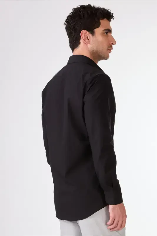 Qora Erkaklar Slim Fit Oddiy Klassik Yoqali Uzun Yengli Ko'ylak - 103134 - 3