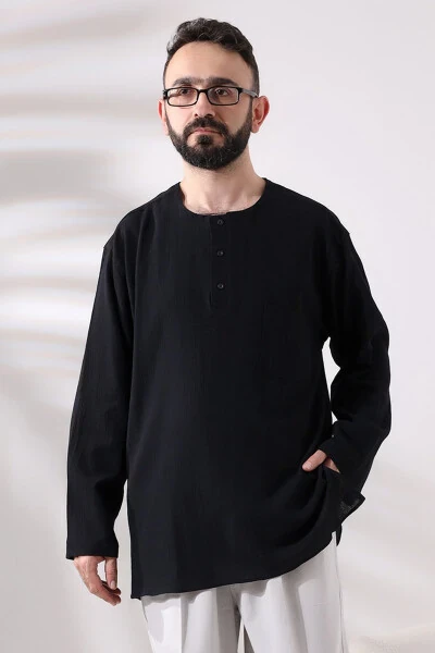 Qora erkaklar uchun qulay 3 tugmachali yoqasi yo'q Xaj va Umra Shillelagh ko'ylagi - IHVAN ONLINE