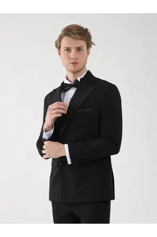 Qora Erkaklar uchun Slim Fit Oddiy Uchburchak Yoqa Smokin Kostyumi - 92393 - 3