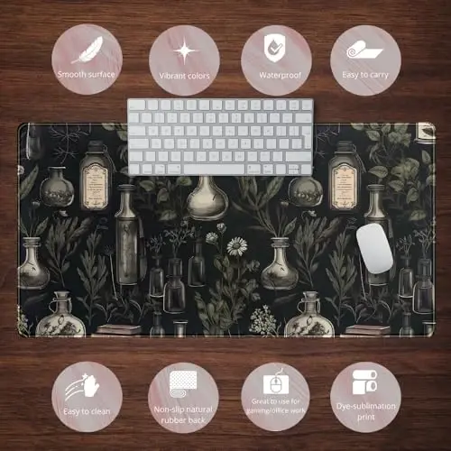 Qora estetik stol uchun mat - Vintage katta o'yin gulli sichqoncha yostig'i XXL o'simlik yovvoyi gul sichqonchasi kengaytirilgan noutbuk kompyuter klaviatura mat ayollar qizlar ofis dekorasi uchun 31.5x15.8 dyuym - 6