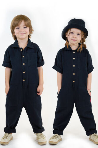 Qora ikki qavatli muslin yoqali va 3 cho'ntakli kombinezon - CATZ KIDS