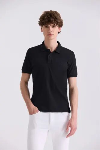 Qora ingichka Slim Fit Polo Yaka Futbolka - 3