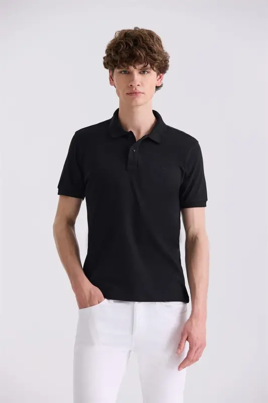 Qora ingichka Slim Fit Polo Yaka Futbolka - 3
