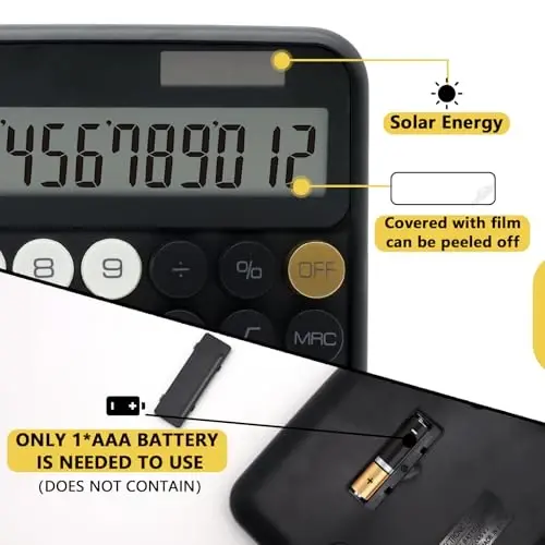 Qora Kalkulyator, UPIHO Standart Kalkulyator 12 ta Katta LCD Displey va Katta Tugmalar bilan, Ayollar uchun Qora Oltin Ofis Aksessuarlari Stol, Ofis uchun jihozlar, Maktab, Uy, Biznes - 3