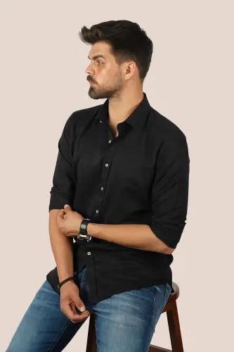 Qora kofe tugmachali rombik naqshli Slimfit erkaklar ko'ylagi-Qora - 3