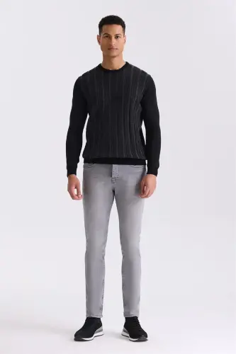 Qora / Kulrang Slim Fit Aylanma Yaxa Chiziqli Triko Kozogʻi - JAKAMEN (1)