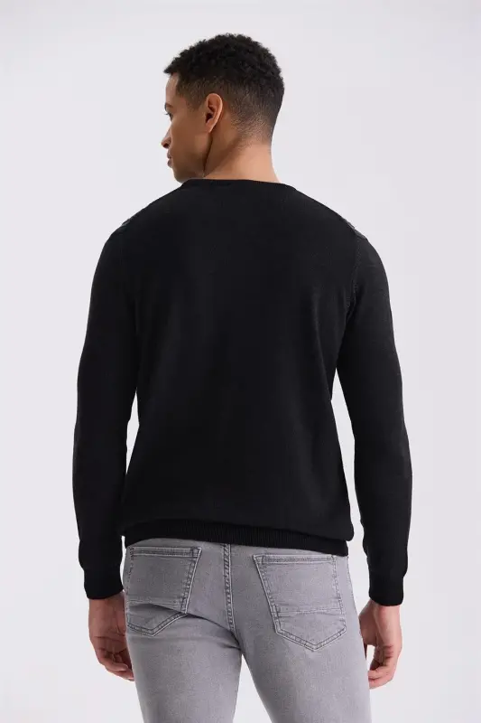 Qora / Kulrang Slim Fit Aylanma Yaxa Chiziqli Triko Kozogʻi - 4