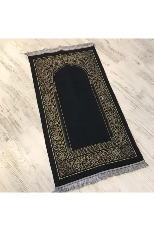 Qora Lux Kadife Namoz Faroshi, Oltin Tafsilotli Ayol / Erkak Namoz Faroshi - 2