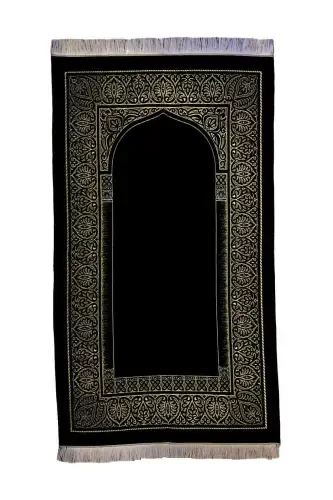 Qora Lux Kadife Namoz Faroshi, Oltin Tafsilotli Ayol / Erkak Namoz Faroshi - 4