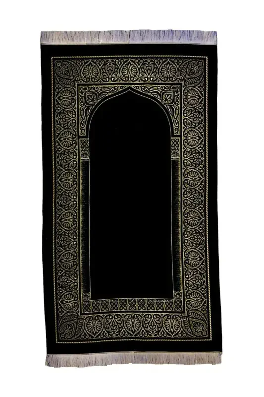 Qora Lux Kadife Namoz Faroshi, Oltin Tafsilotli Ayol / Erkak Namoz Faroshi - 4