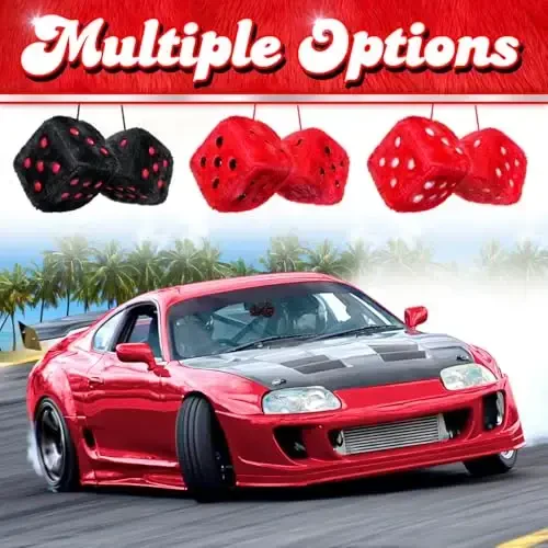 Qora mo'yna kubiklari avtomobil uchun - Orqa ko'rinish oynasi yumshoq yoqimli avtomobil aksessuarlari ichki bezak uchun - Avto orqa ko'rinish osma bezaklari - Sovuq klassik retro 1970-yillar estetik avtomobil dekori - Qora va qizil - 5