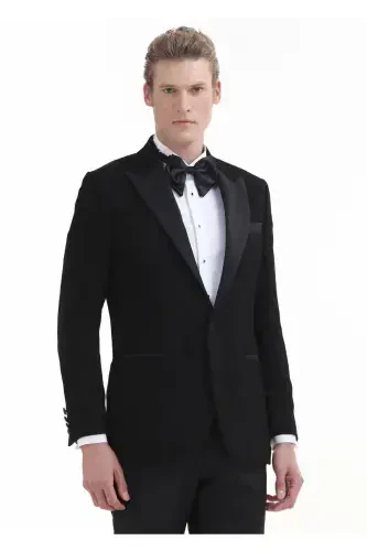 Qora naqshli Thin&taller Slim Fit kruvaze yoqali to'qilgan smoking kostyum - 3