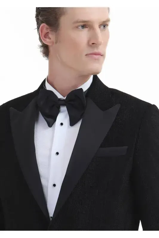 Qora naqshli Thin&taller Slim Fit kruvaze yoqali to'qilgan smoking kostyum - 4