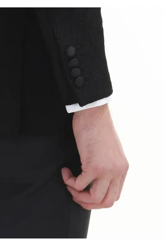 Qora naqshli Thin&taller Slim Fit kruvaze yoqali to'qilgan smoking kostyum - 5