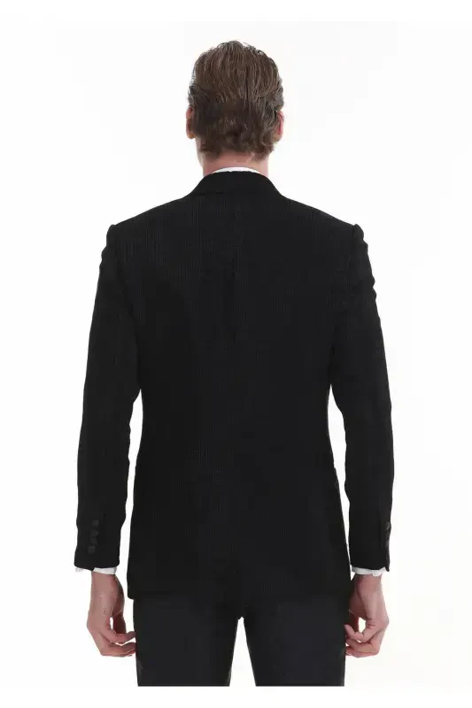 Qora naqshli Thin&taller Slim Fit kruvaze yoqali to'qilgan smoking kostyum - 6