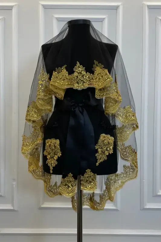 Qora Oltin Yaltiroq To‘rli Kelin Xina Ro‘moli To‘plami To‘y Xina Kechasi Yuz Pardasi Ali-QoraOltin - 2