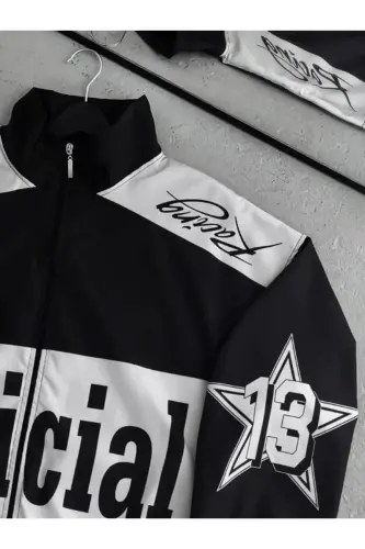 Qora Oq Rasmiy Unisex Parashut Mato Katta Hajmli Bosmali Qora Shamolto'sg'ich Yomg'ir Palto Yupqa Ko'ylagi-Officialsiyahbeyaz - LUSHEN (1)