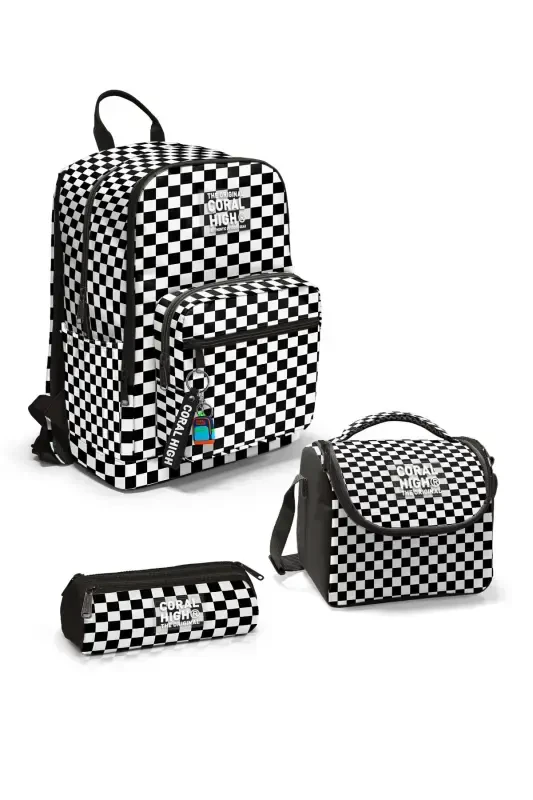 Qora-oq shaxmatli 3 qismli maktab sumkasi to'plami - qora oq - CORAL HIGH