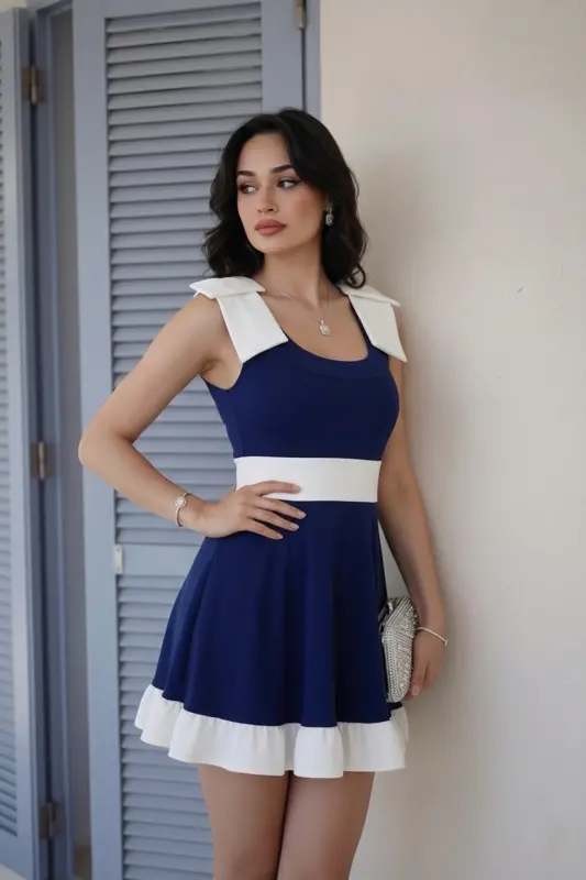 Qora Oq Tangali Bafl Tafsilotli Frilli Mini Bitiruv Oqshom Ko'ylagi - To'q Ko'k - 2