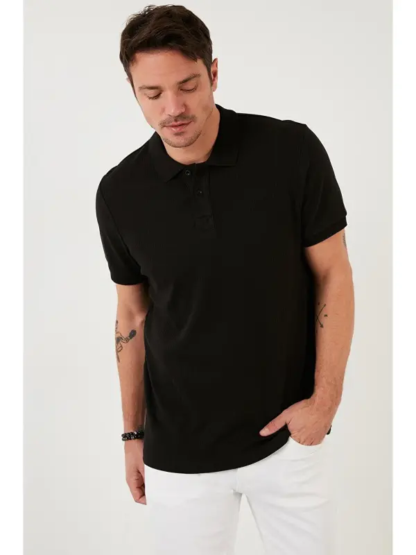 Qora Paxtali Slim Fit Tugmali Polo Futbolka 5902281-Qora - 2