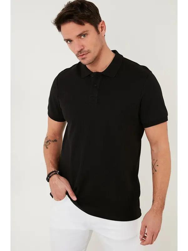 Qora Paxtali Slim Fit Tugmali Polo Futbolka 5902281-Qora - 4