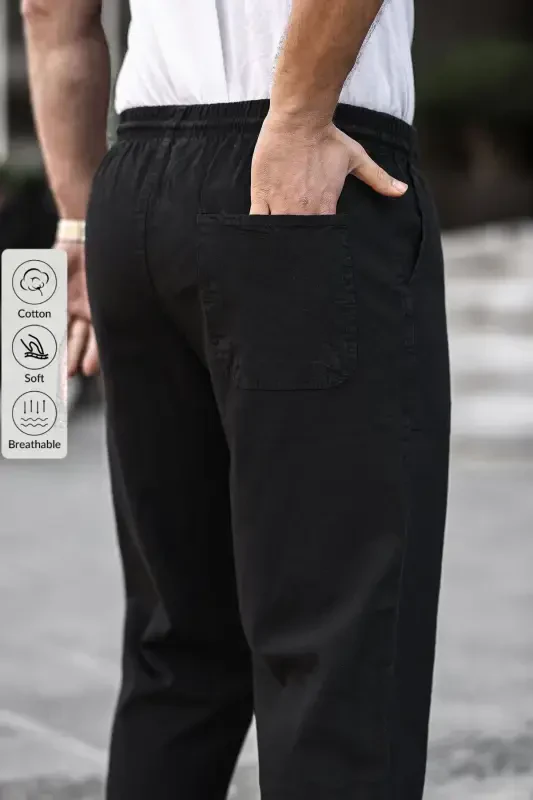 Qora rangli erkaklar uchun yozgi zig'ir aralashmasi bo'sh shim - 3