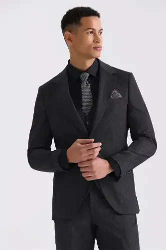 Qora rangli Mono yoqali Slim Fit yelek kiyimli kostyum - JAKAMEN (1)