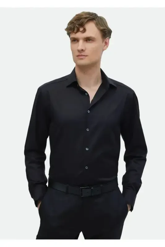 Qora rangli Regular Fit dazmollashni talab qilmaydigan to'qima klassik 100% paxta ko'ylak - RAMSEY