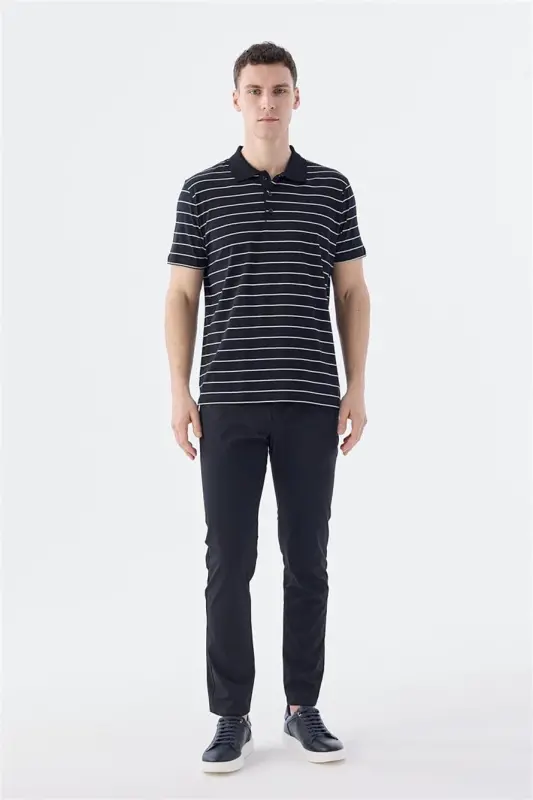 Qora rangli slim fit chiziqli 100% paxta polo yoqali futbolka - 2