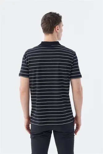 Qora rangli slim fit chiziqli 100% paxta polo yoqali futbolka - 4