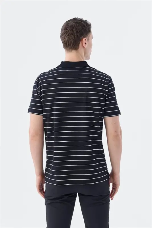 Qora rangli slim fit chiziqli 100% paxta polo yoqali futbolka - 4
