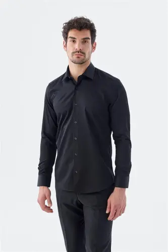 Qora rangli slim fit italyan yoqali uzun yengli klassik galstukli 100% paxta saten ko'ylak 