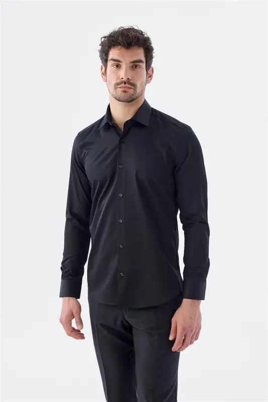 Qora rangli slim fit italyan yoqali uzun yengli klassik galstukli 100% paxta saten ko'ylak - JAKAMEN