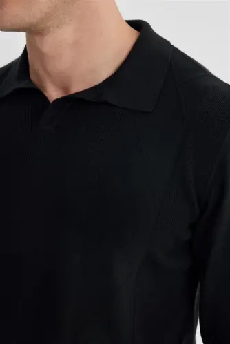 Qora rangli, slim fit, jun va kashmir aralashmali, naqshli polo yoqali trikotaj - 3