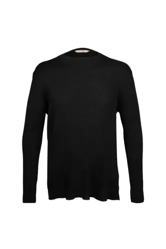 Qora Regular Fit Dumaloq Yoqali Ribandagi Trikotaj Jemper - Qora 