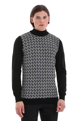 Qora Regular Fit Jakarli Yarim Balıkchi Yaka Triko - 1